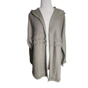 J. Jill Boho Hooded Cardigan Womens 1X Moss Green Fringe Lagenlook Textured